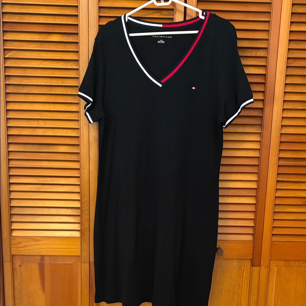 Tommy Hilfiger Black V-Neck Tee with Red and White Trim